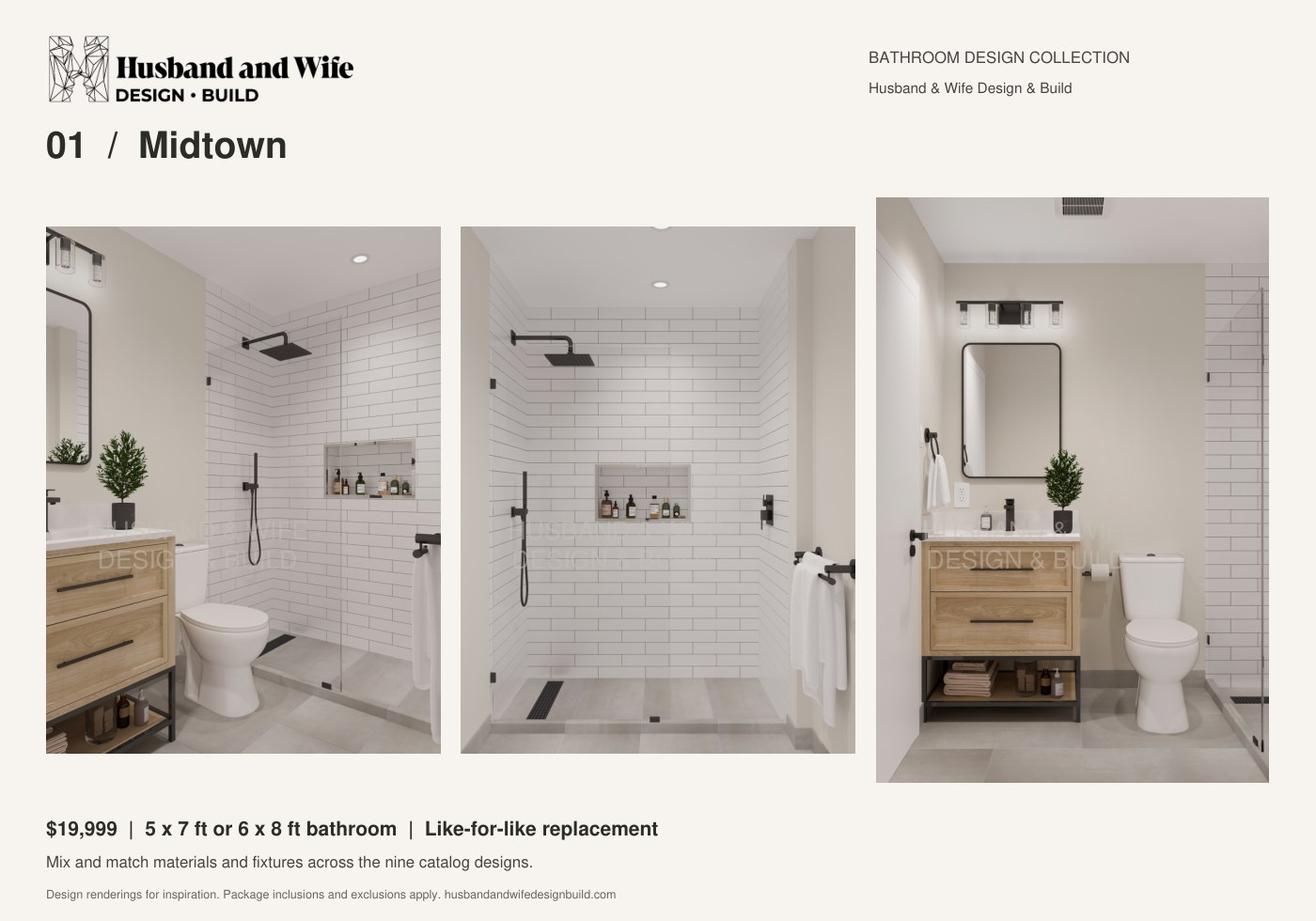 Midtown bathroom design: room, shower and vanity renderings