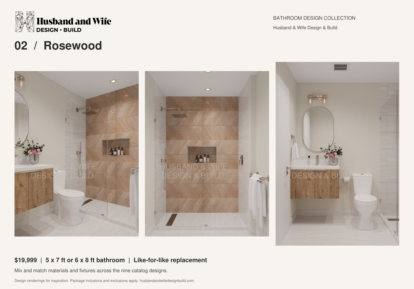 Rosewood bathroom design: room, shower and vanity renderings