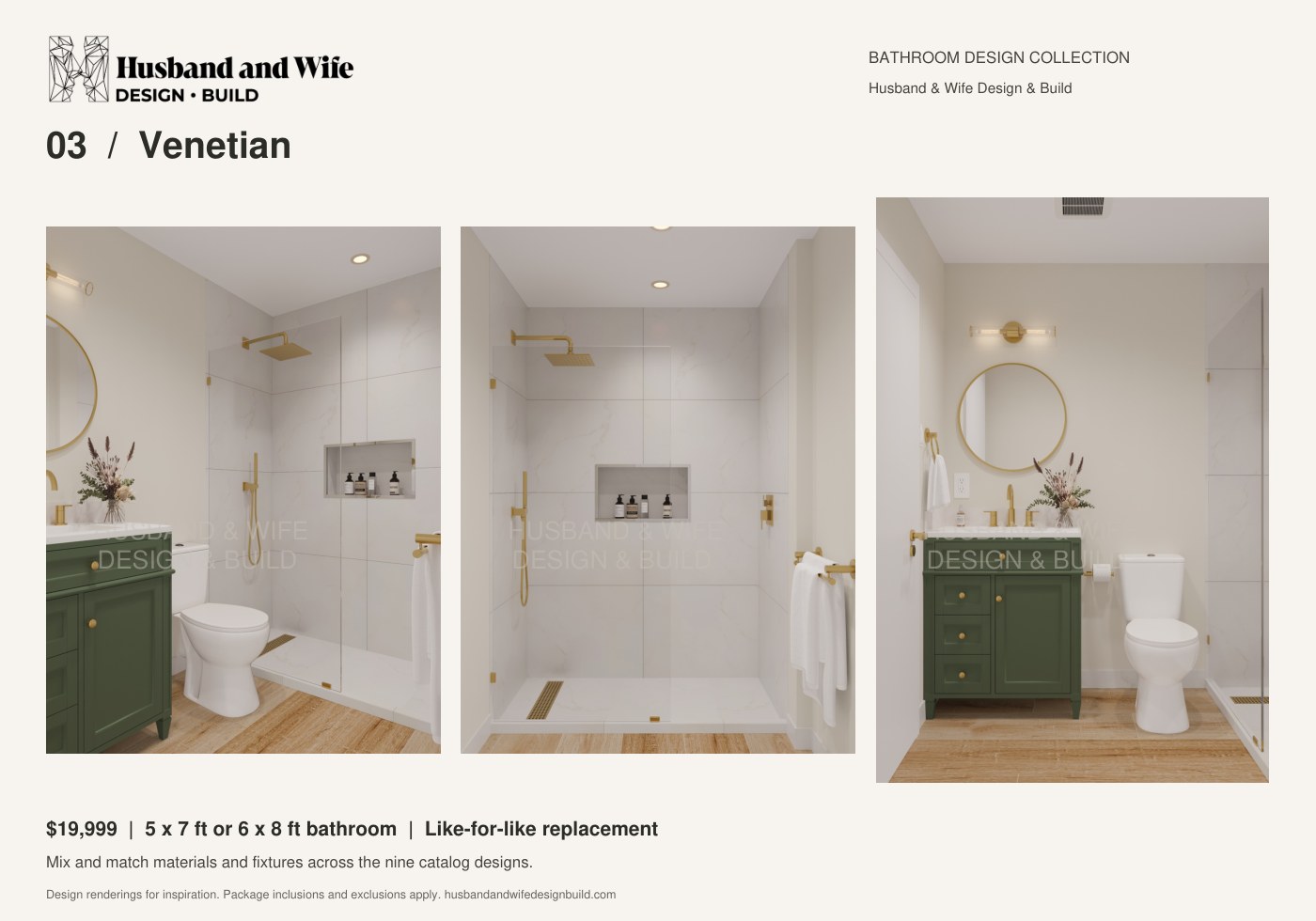 Venetian bathroom design: room, shower and vanity renderings