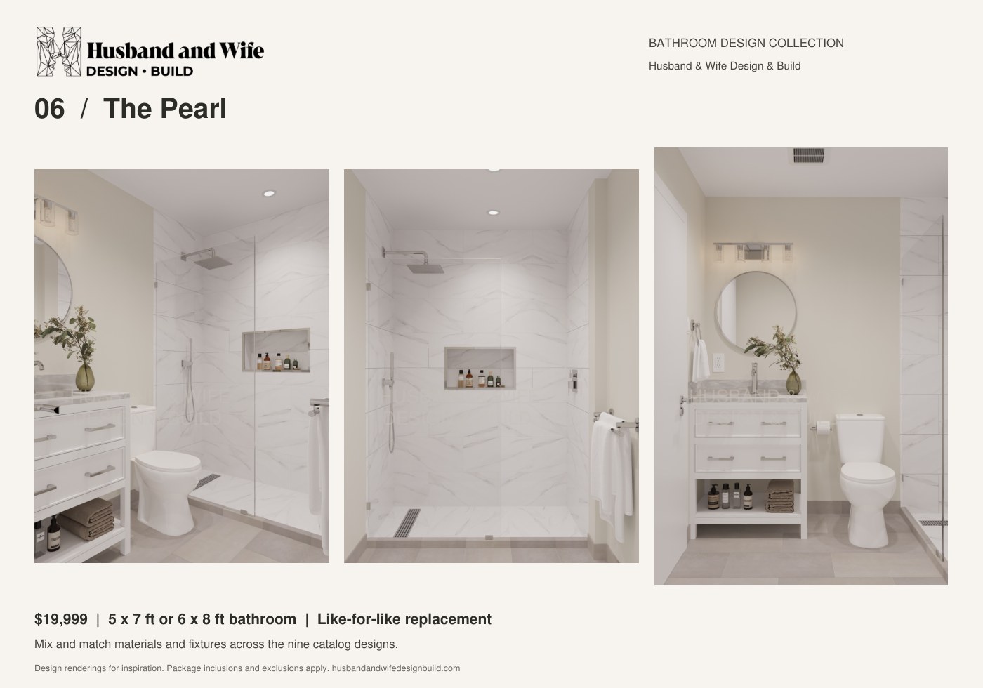 The Pearl bathroom design: room, shower and vanity renderings