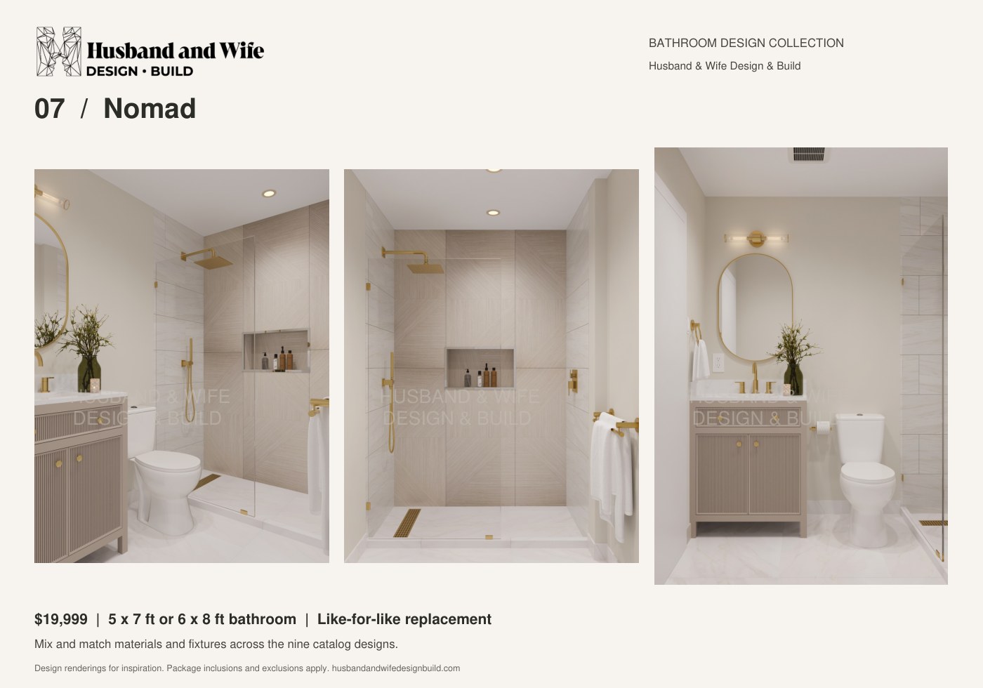 Nomad bathroom design: room, shower and vanity renderings
