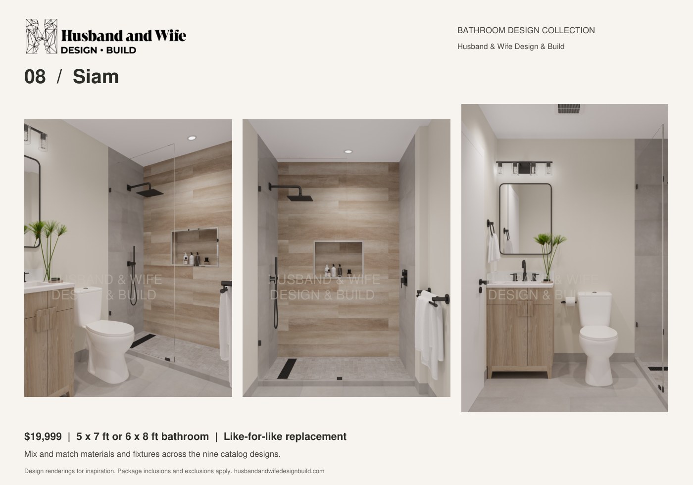 Siam bathroom design: room, shower and vanity renderings
