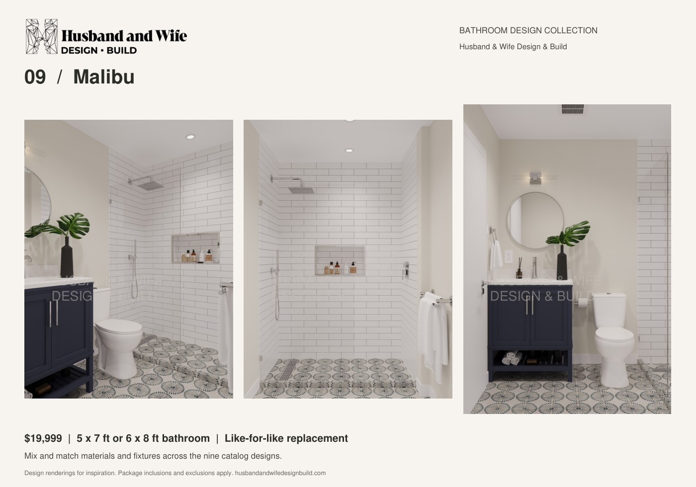 Malibu bathroom design: room, shower and vanity renderings
